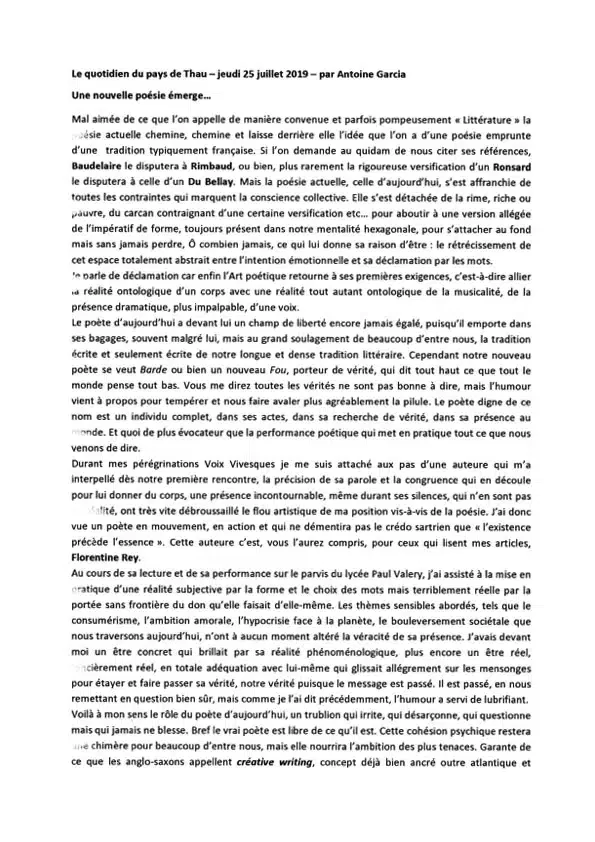 Une nouvelle poesie émerge… Article publié dans Le quotidien du pays de Thau le jeudi 25 juillet 2019